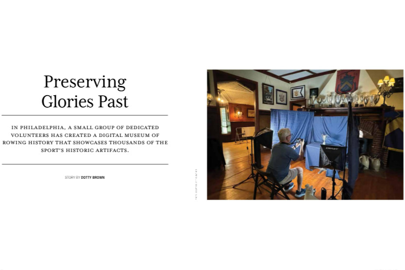 Rowing News magazine spread titled Preserving Glories Past, with a volunteer photographing trophies